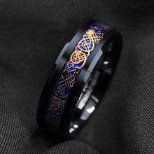 Load image into Gallery viewer, Mens Wedding Band Rings for Men Wedding Rings for Womens / Mens Rings Rose Gold Celtic Dragon Blue Carbon Fiber
