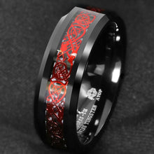 Load image into Gallery viewer, Mens Wedding Band Rings for Men Wedding Rings for Womens / Mens Rings Red Celtic Dragon Black Carbon Fiber
