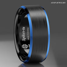 Load image into Gallery viewer, Mens Wedding Band Rings for Men Wedding Rings for Womens / Mens Rings Black Brushed Blue Edge
