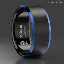 Load image into Gallery viewer, Mens Wedding Band Rings for Men Wedding Rings for Womens / Mens Rings Black Brushed Blue Edge
