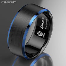 Load image into Gallery viewer, Mens Wedding Band Rings for Men Wedding Rings for Womens / Mens Rings Black Brushed Blue Edge
