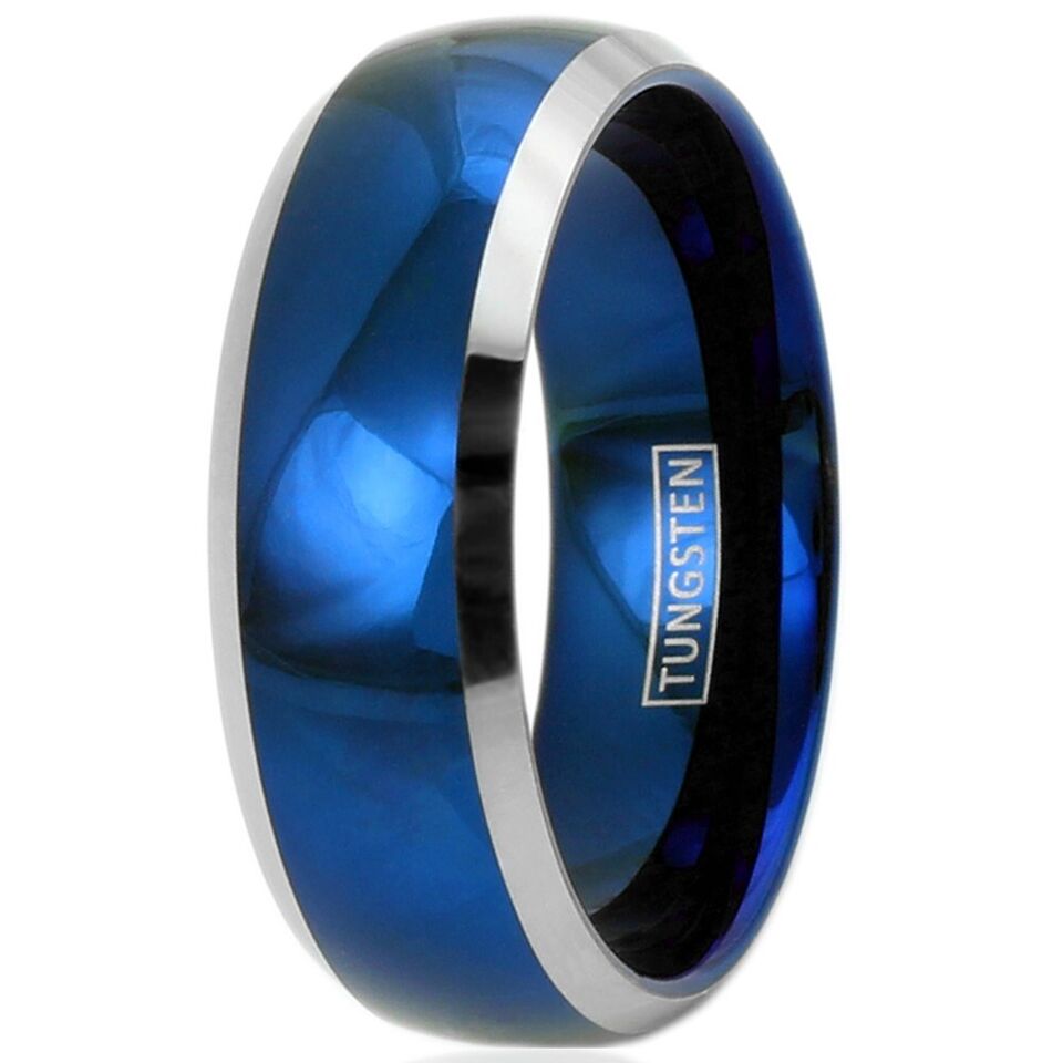 Mens Wedding Band Rings for Men Wedding Rings for Womens / Mens Rings Blue Domed with Beveled Silver Edges