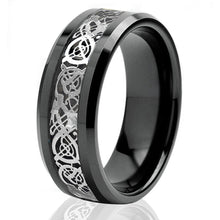 Load image into Gallery viewer, Mens Wedding Band Rings for Men Wedding Rings for Womens / Mens Rings Silver Celtic Dragon Black Tungsten Carbon
