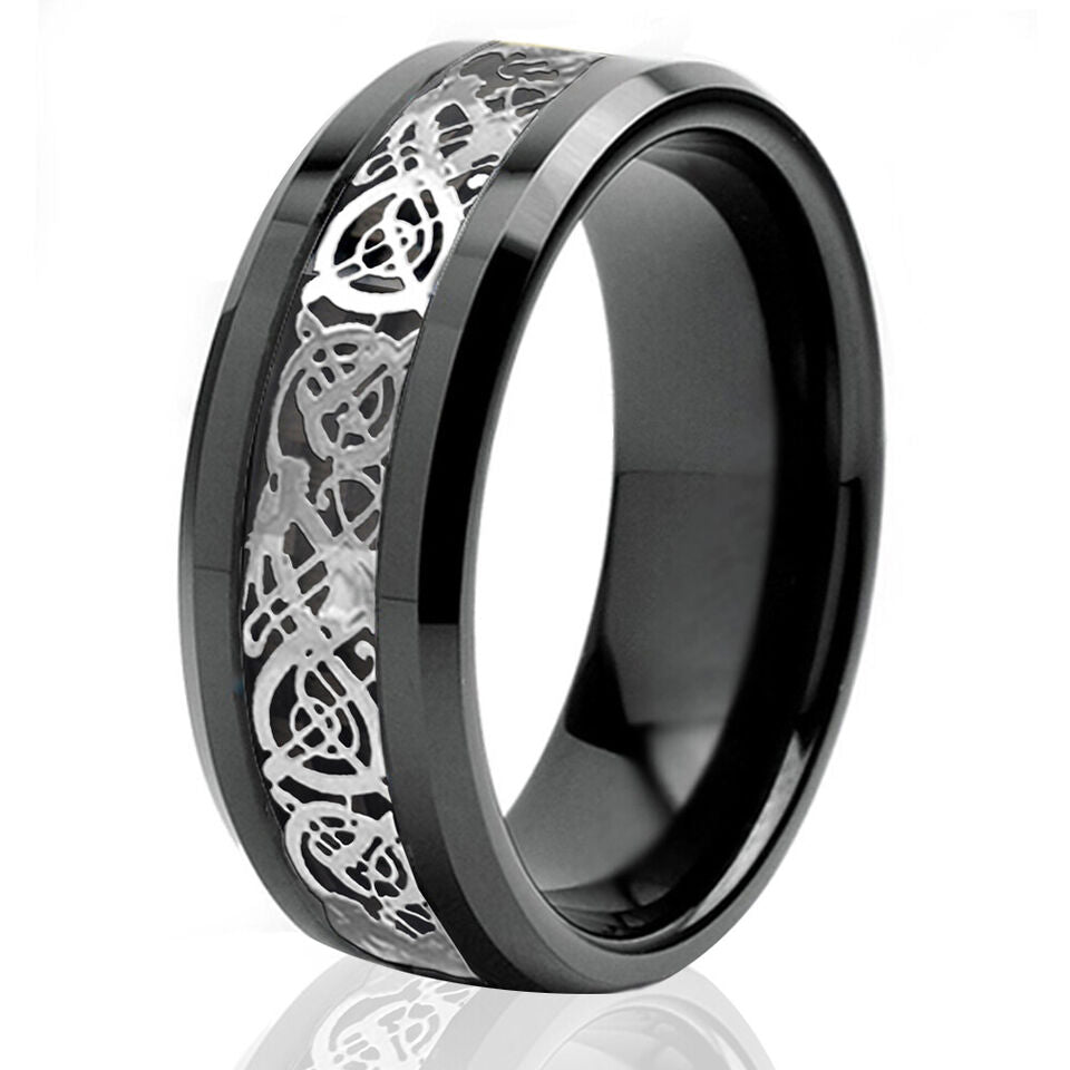 Mens Wedding Band Rings for Men Wedding Rings for Womens / Mens Rings Silver Celtic Dragon Black Tungsten Carbon