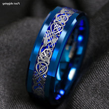 Load image into Gallery viewer, Engagement Rings for Women Mens Wedding Bands for Him and Her Promise / Bridal Mens Womens Rings Blue Celtic Dragon Carbon Fiber
