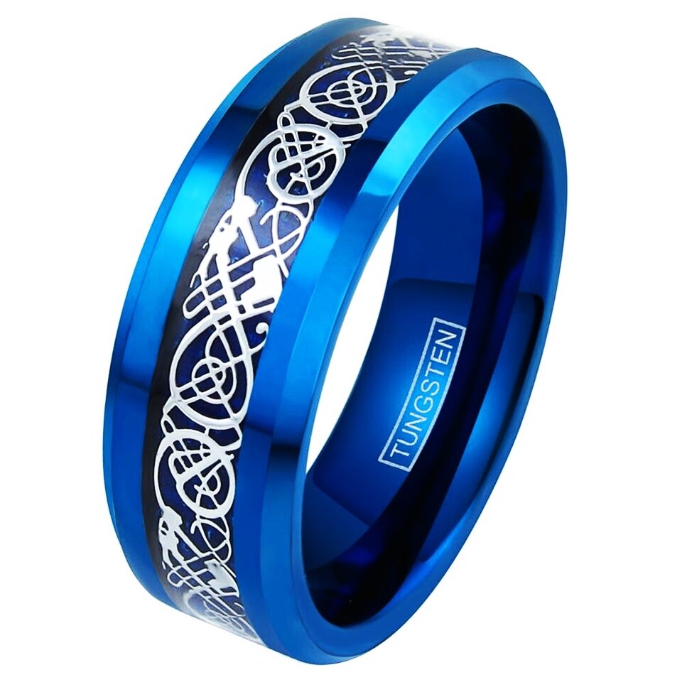 Engagement Rings for Women Mens Wedding Bands for Him and Her Promise / Bridal Mens Womens Rings Blue Celtic Dragon Carbon Fiber