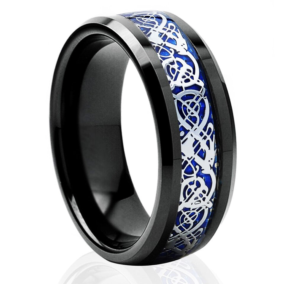 Engagement Rings for Women Mens Wedding Bands for Him and Her Promise / Bridal Mens Womens Rings Blue Black Silvering Celtic Dragon
