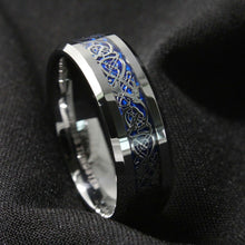 Load image into Gallery viewer, Engagement Rings for Women Mens Wedding Bands for Him and Her Promise / Bridal Mens Womens Rings Silver on Blue Celtic Dragon
