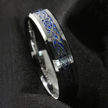 Load image into Gallery viewer, Mens Wedding Band Rings for Men Wedding Rings for Womens / Mens Rings 6mm Silver on Blue Celtic Dragon
