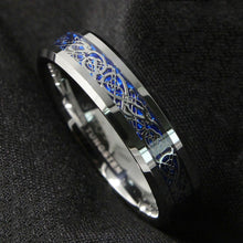 Load image into Gallery viewer, Mens Wedding Band Rings for Men Wedding Rings for Womens / Mens Rings 6mm Silver on Blue Celtic Dragon
