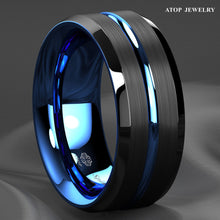 Load image into Gallery viewer, Engagement Rings for Women Mens Wedding Bands for Him and Her Promise / Bridal Mens Womens Rings Blue Line Black Brushed
