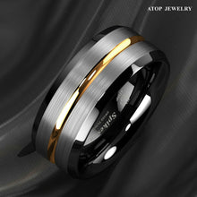 Load image into Gallery viewer, Mens Wedding Band Rings for Men Wedding Rings for Womens / Mens Rings Silver Brushed Black Edge Gold Line
