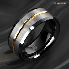 Load image into Gallery viewer, Mens Wedding Band Rings for Men Wedding Rings for Womens / Mens Rings Silver Brushed Black Edge Gold Line
