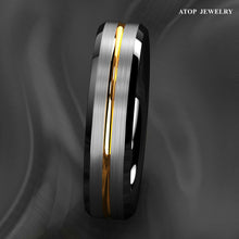 Load image into Gallery viewer, Mens Wedding Band Rings for Men Wedding Rings for Womens / Mens Rings 6mm Silver Brushed Black Edge Gold Line
