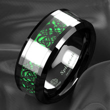 Load image into Gallery viewer, Mens Wedding Band Rings for Men Wedding Rings for Womens / Mens Rings Black Celtic Dragon Carbon Fiber Green
