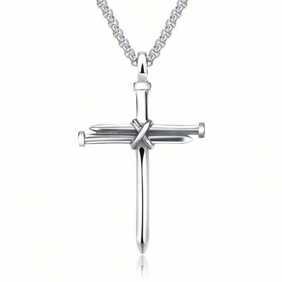 Cross Necklace for Men Nail Silver Pendant Necklace Chain 24 inch Stainless Steel