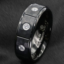 Load image into Gallery viewer, Tungsten Rings for Men Wedding Bands for Him Womens Wedding Bands for Her 8mm Black Brushed Rock Skin 3 Diamonds Inlay
