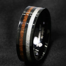Load image into Gallery viewer, Tungsten Rings for Men Wedding Bands for Him Womens Wedding Bands for Her 8mm Black Antler and Koa Wood Inlay
