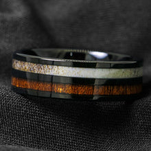 Load image into Gallery viewer, Mens Wedding Band Rings for Men Wedding Rings for Womens / Mens Rings Black Antler and Koa Wood Inlay
