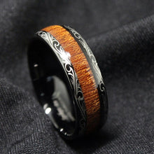 Load image into Gallery viewer, Tungsten Rings for Men Wedding Bands for Him Womens Wedding Bands for Her 8mm Black Koa Wood Inlay Dome Flower Design
