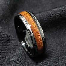 Load image into Gallery viewer, Mens Wedding Band Rings for Men Wedding Rings for Womens / Mens Rings Black Koa Wood Inlay Dome Flower Design
