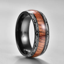 Load image into Gallery viewer, Tungsten Rings for Men Wedding Bands for Him Womens Wedding Bands for Her 8mm Black Koa Wood Inlay Dome Flower Design
