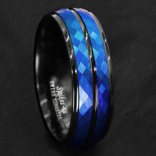 Load image into Gallery viewer, Tungsten Rings for Men Wedding Bands for Him Womens Wedding Bands for Her 8mm Black Blue Brushed Crystal Skin
