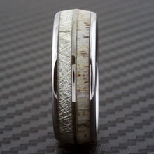 Load image into Gallery viewer, Mens Wedding Band Rings for Men Wedding Rings for Womens / Mens Rings Silver Tungsten Deer Antler &amp; White Meteorite
