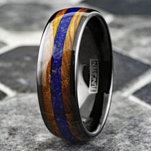 Load image into Gallery viewer, Mens Wedding Band Rings for Men Wedding Rings for Womens / Mens Rings Black Blue Lapis Lazuli &amp; Whiskey Barrel
