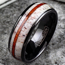 Load image into Gallery viewer, Engagement Rings for Women Mens Wedding Bands for Him and Her Promise / Bridal Mens Womens Rings Black Deer Antler &amp; Sandalwood Stripe

