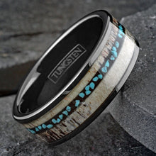 Load image into Gallery viewer, Tungsten Carbide Rings for Men Wedding Bands for Him 8mm Black Tungsten Carbide Ring Deer Antler and Turquoise
