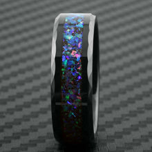 Load image into Gallery viewer, Tungsten Carbide Rings for Men Wedding Bands for Him 8mm Black Opal Stripe Celestial Galaxy Multi-Faceted Edge
