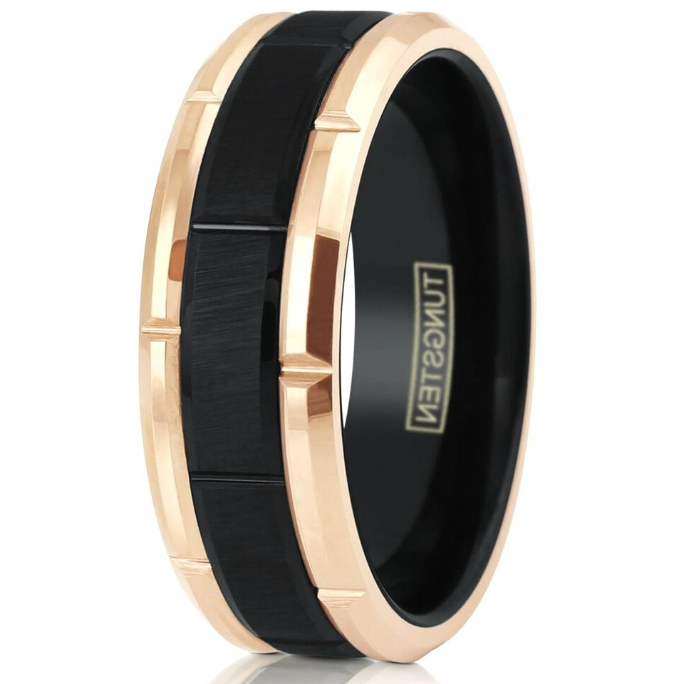 Tungsten Carbide Rings for Men Wedding Bands for Him 8mm Black Brushed Rose Gold Plated Edge Grooved