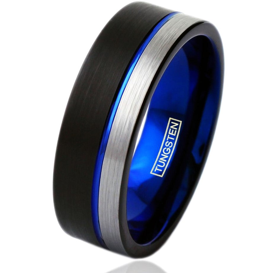 Tungsten Carbide Rings for Men Wedding Bands for Him 6mm Black Silver and Blue Stripe