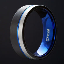 Load image into Gallery viewer, Tungsten Carbide Rings for Men Wedding Bands for Him 6mm Black Silver and Blue Stripe
