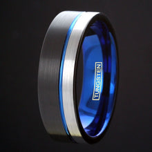Load image into Gallery viewer, Tungsten Carbide Rings for Men Wedding Bands for Him 6mm Black Silver and Blue Stripe
