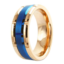 Load image into Gallery viewer, Mens Wedding Band Rings for Men Wedding Rings for Womens / Mens Rings Rose Gold Plated Brushed Blue
