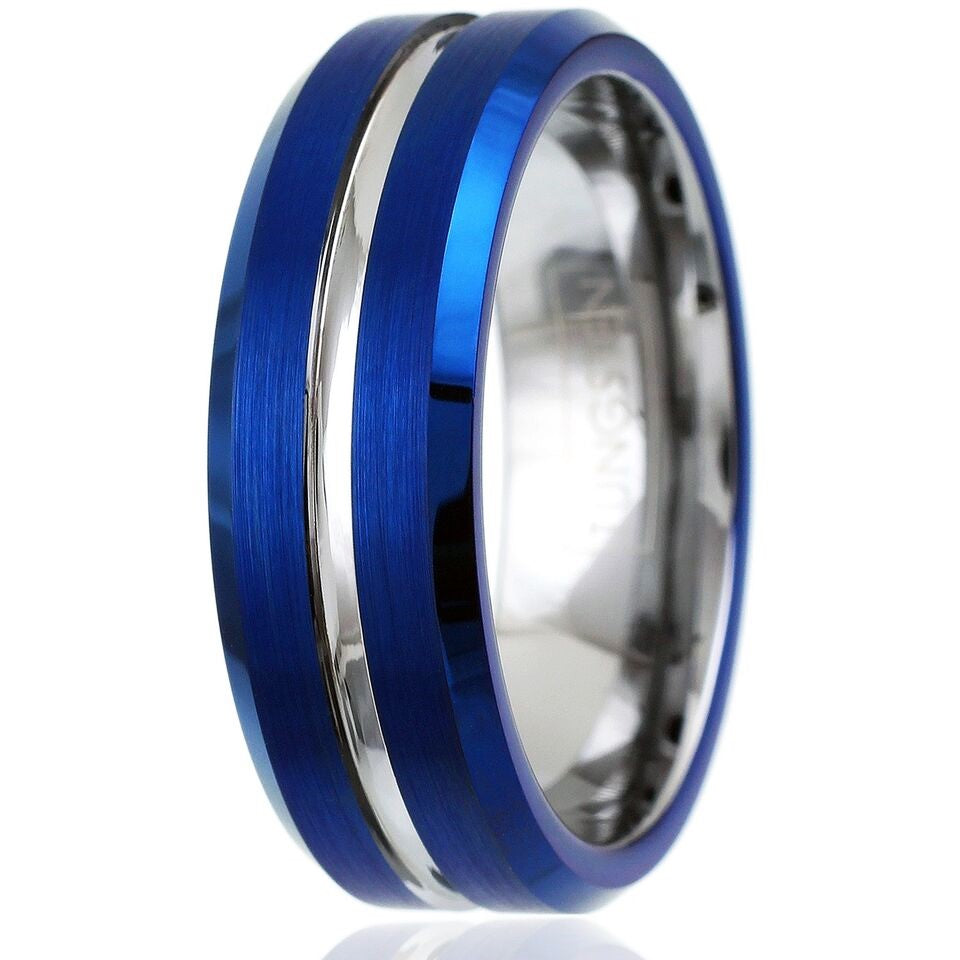 Tungsten Carbide Rings for Men Wedding Bands for Him 8mm Blue and Silver