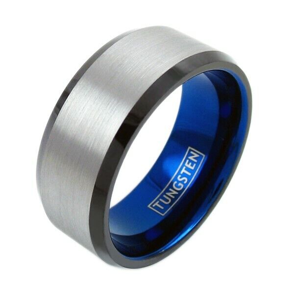 Tungsten Carbide Rings for Men Wedding Bands for Him 10mm Silver Brushed Center Blue Inner