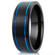 Load image into Gallery viewer, Mens Wedding Band Rings for Men Wedding Rings for Womens / Mens Rings 6mm Brushed Black-Dual Thin Blue Line Stripes
