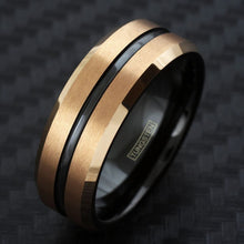 Load image into Gallery viewer, Mens Wedding Band Rings for Men Wedding Rings for Womens / Mens Rings 6mm Brushed Rose Gold Plated Black Stripe
