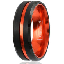 Load image into Gallery viewer, Mens Wedding Band Rings for Men Wedding Rings for Womens / Mens Rings 6mm Black Thin Orange Line

