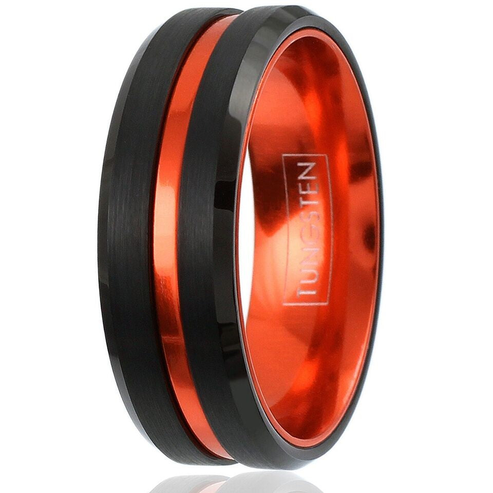 Mens Wedding Band Rings for Men Wedding Rings for Womens / Mens Rings 6mm Black Thin Orange Line