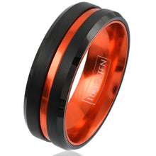 Load image into Gallery viewer, Mens Wedding Band Rings for Men Wedding Rings for Womens / Mens Rings 6mm Black Thin Orange Line
