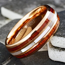 Load image into Gallery viewer, Mens Wedding Band Rings for Men Wedding Rings for Womens / Mens Rings 6mm Rose Gold Plated Mother of Pearl and Koa Wood
