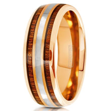 Load image into Gallery viewer, Mens Wedding Band Rings for Men Wedding Rings for Womens / Mens Rings 6mm Rose Gold Plated Mother of Pearl and Koa Wood
