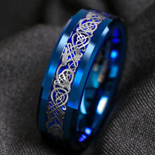 Load image into Gallery viewer, Tungsten Rings for Men Wedding Bands for Him Womens Wedding Bands for Her 8mm Blue IP Plated with Celtic Knot Dragon
