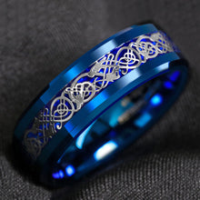 Load image into Gallery viewer, Tungsten Rings for Men Wedding Bands for Him Womens Wedding Bands for Her 8mm Blue IP Plated with Celtic Knot Dragon
