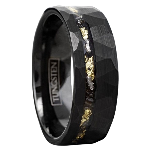 Tungsten Rings for Men Wedding Bands for Him Womens Wedding Bands for Her 8mm Black Meteorite with Gold Flakes