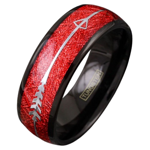 Tungsten Carbide Rings for Men Wedding Bands for Him 8mm Faux Red Meteorite Silver Arrow